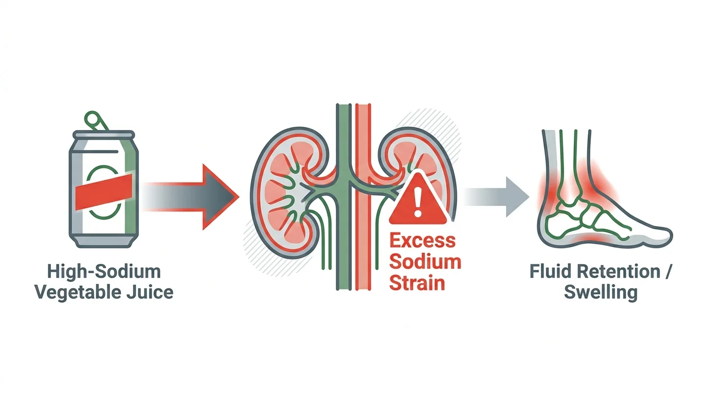A diagram showing how high-sodium vegetable juice causes kidney strain and fluid retention in the body.