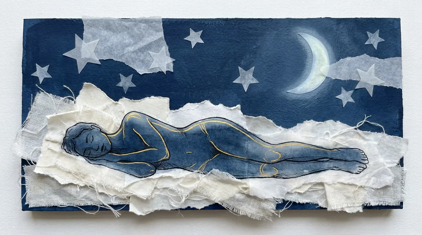 A dreamy mixed-media collage using indigo paint and fabric to represent restorative sleep and joint healing.