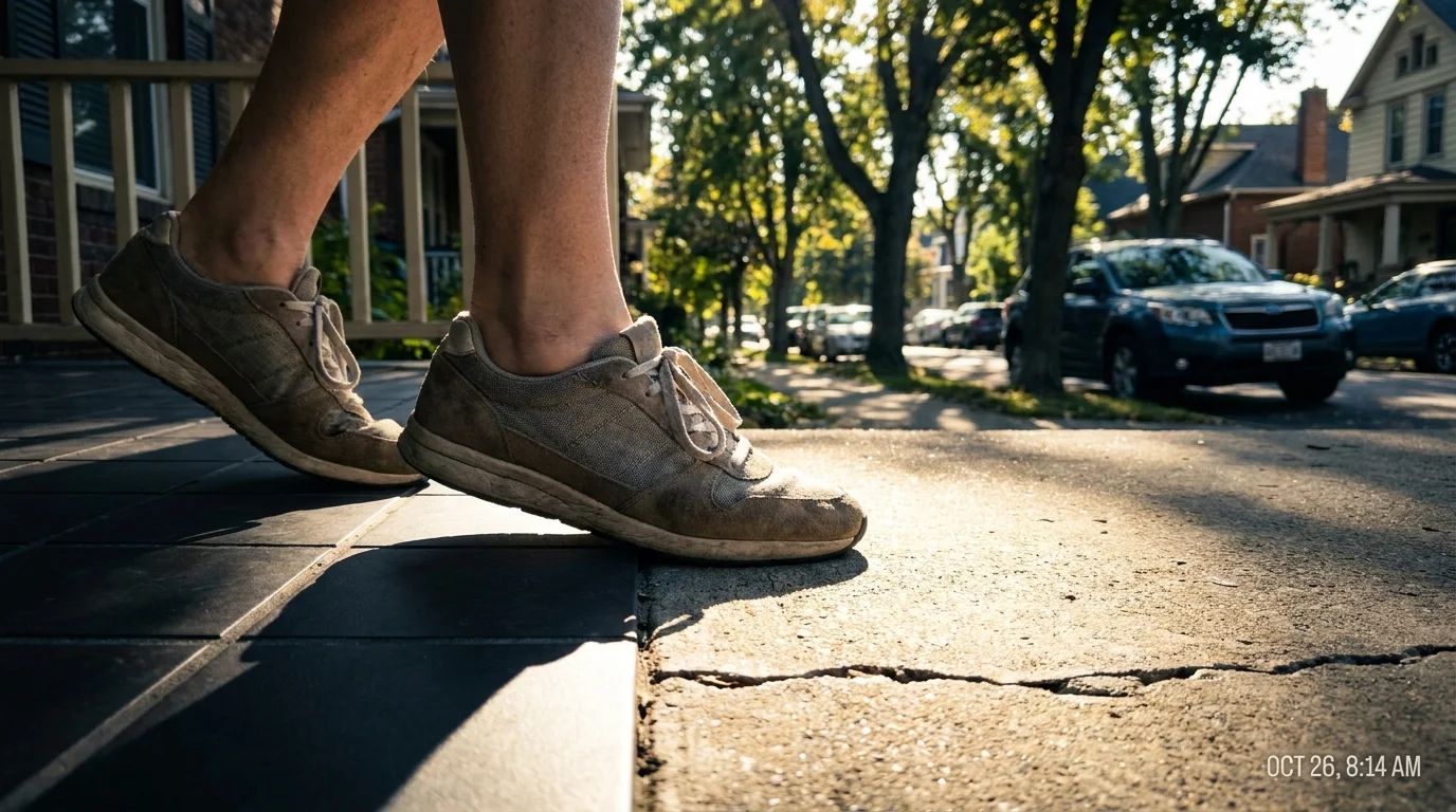 A first-person view of someone in walking shoes stepping out of the house into a sunlit street for a morning walk.