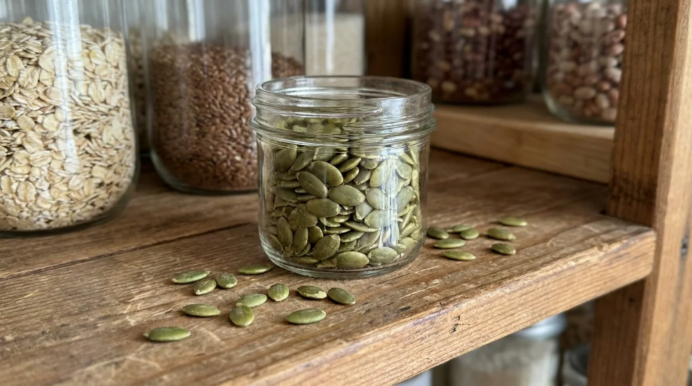 A glass jar of green pumpkin seeds on a wooden pantry shelf with some seeds scattered.