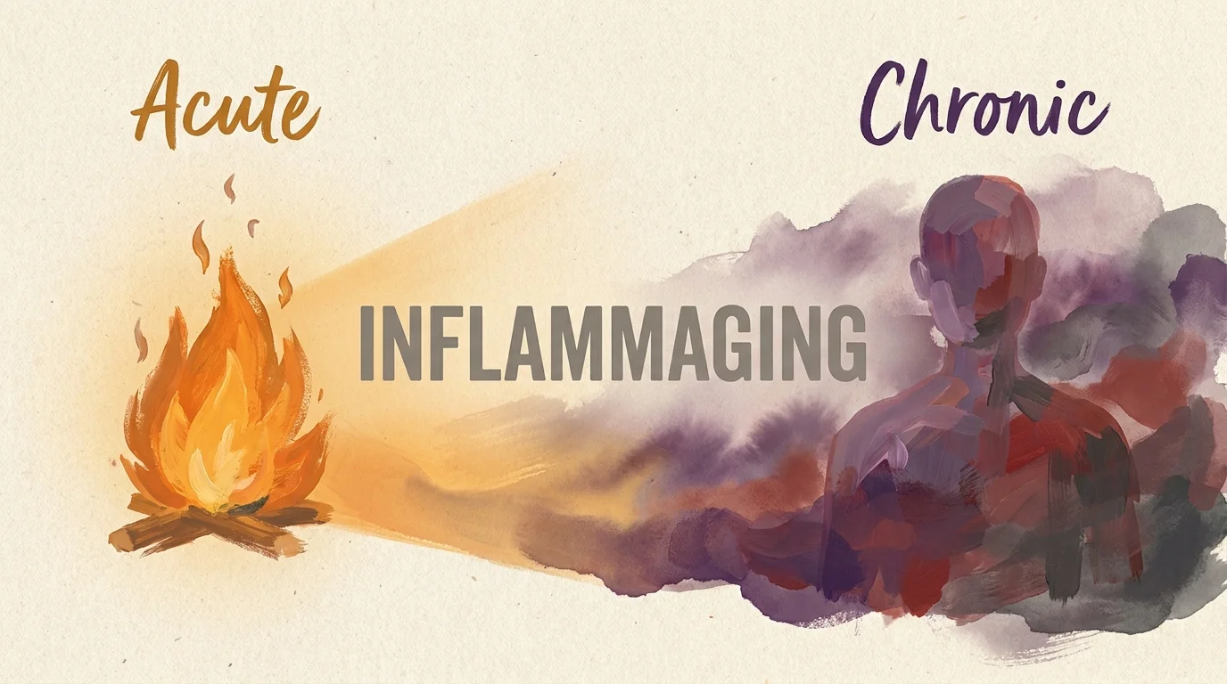 A gouache illustration comparing a bright campfire labeled 'Acute' to a purple haze labeled 'Chronic' and 'Inflammaging'.
