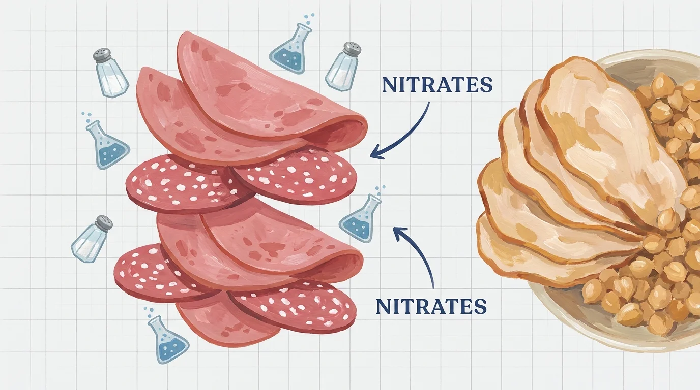 A gouache illustration of a sandwich showing the hidden sodium and nitrates in processed deli meats.