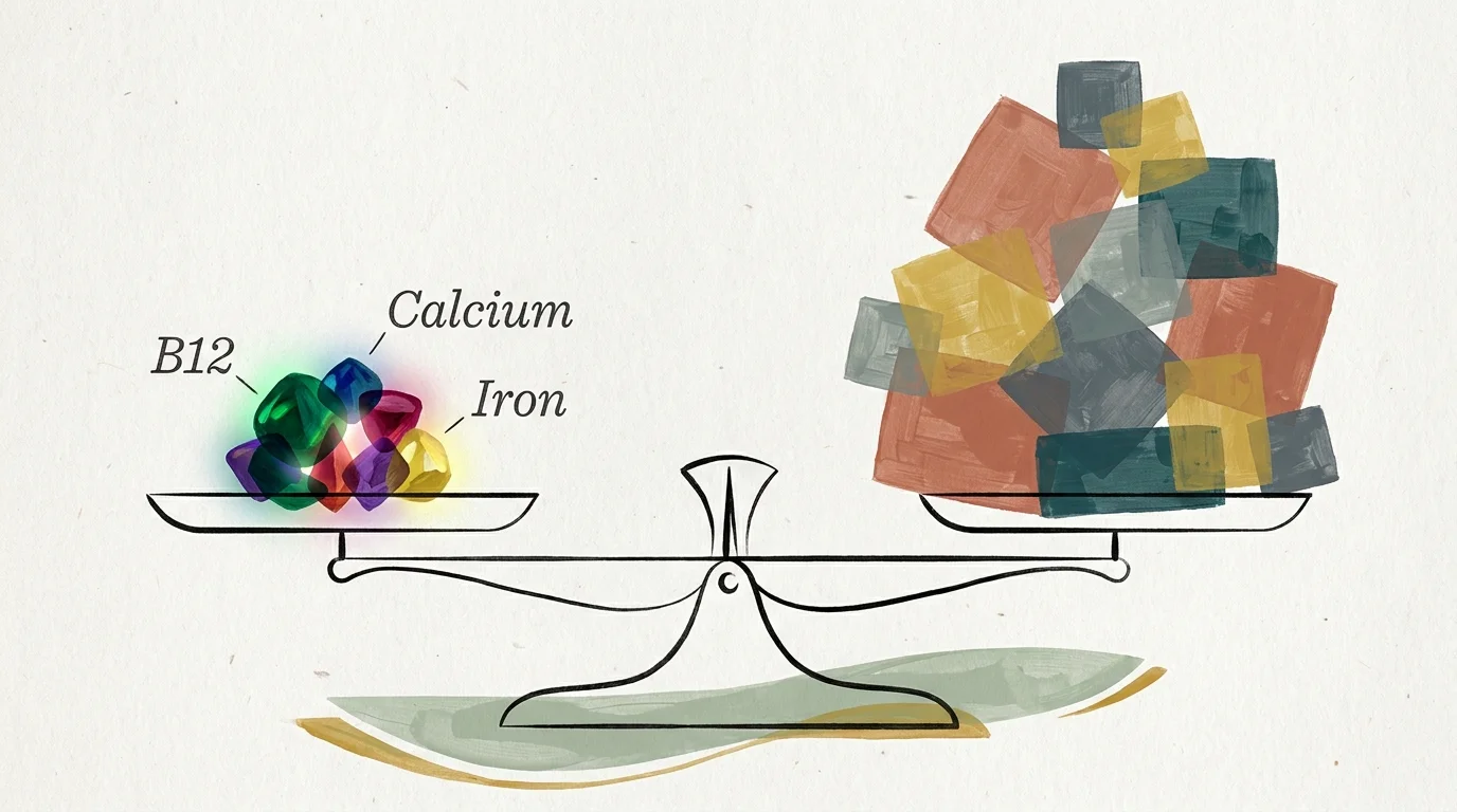 A gouache illustration of a scale balancing a small pile of bright nutrients labeled B12, Calcium, and Iron against a larger pile of calorie