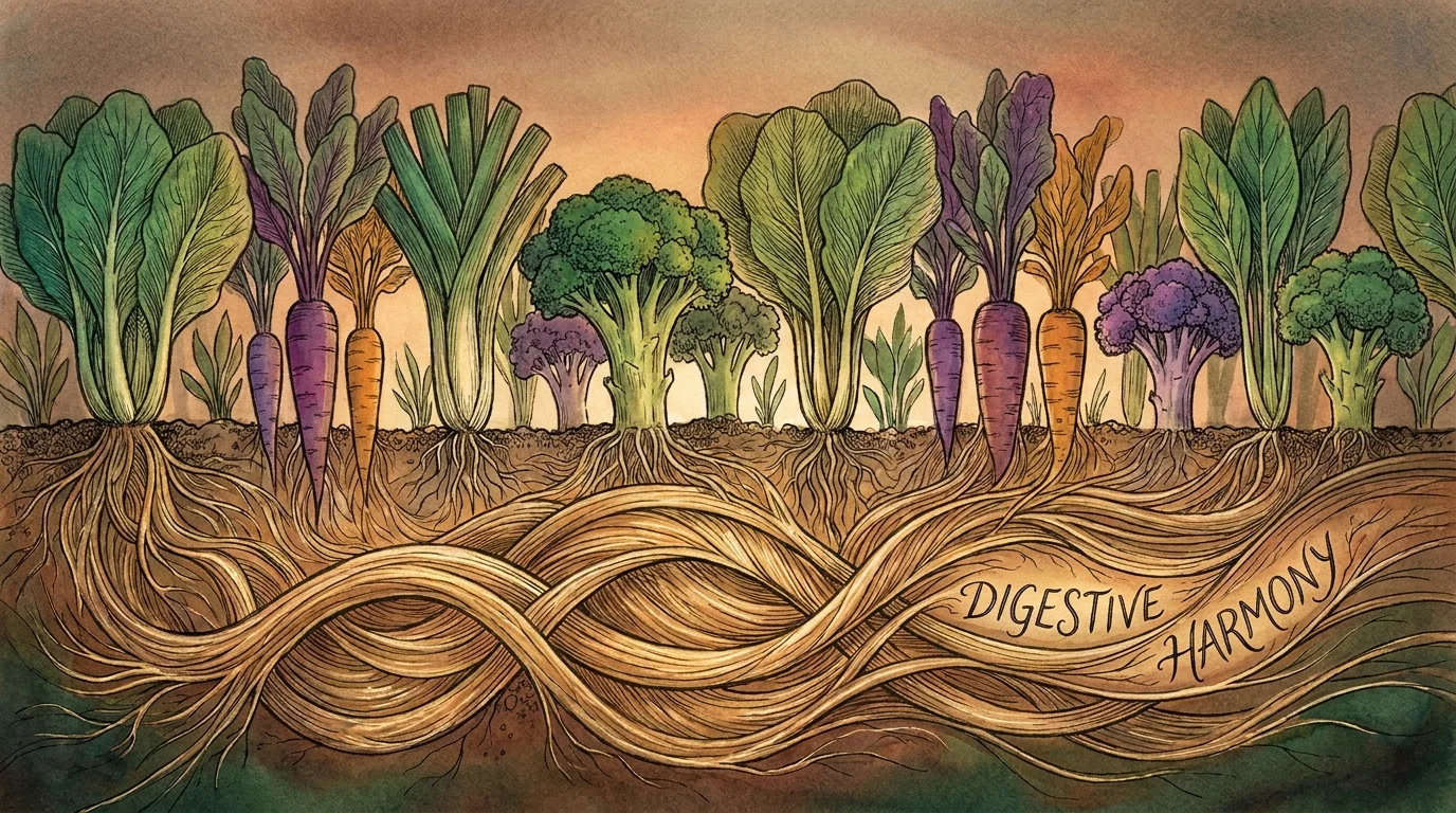 A gouache illustration showing a cross-section of a vegetable garden where roots transform into flowing, harmonious golden fibers.