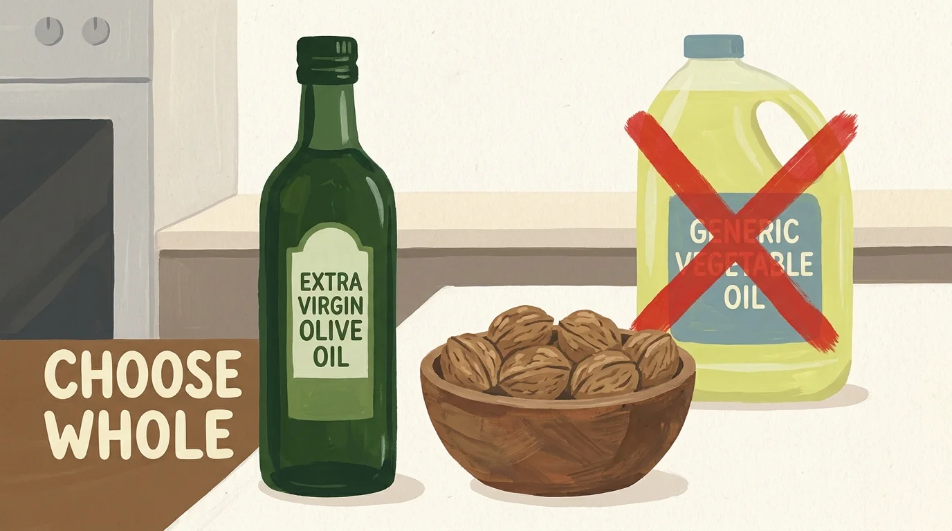 A gouache illustration showing olive oil as a healthy choice while crossing out a large jug of processed vegetable oil.