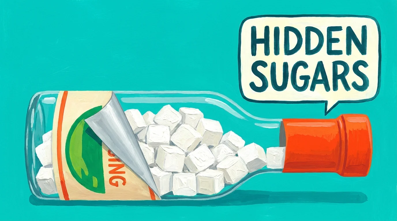 A gouache painting of a dressing bottle revealing hidden sugar cubes inside, highlighting the danger of added sweeteners.