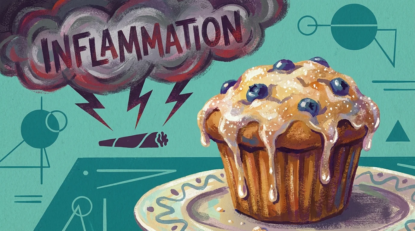 A gouache painting of a sugary muffin with a symbolic purple cloud representing inflammation above it.