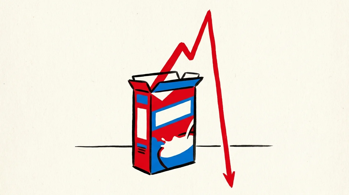 A graphic illustration showing a cereal box with a red line spiking and crashing like a rollercoaster.