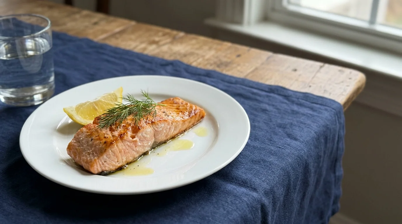 A grilled salmon fillet with lemon and dill on a white plate, shot from a natural angle.