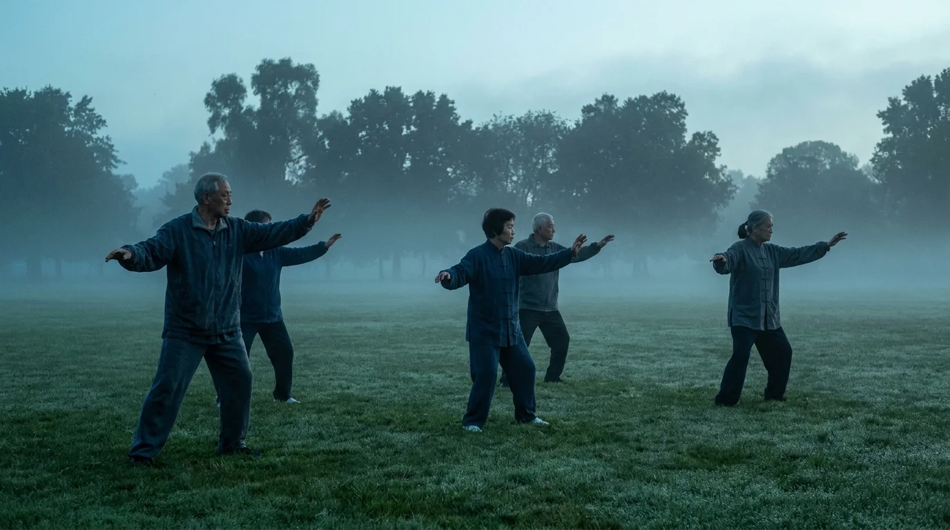 A group of seniors practicing Tai Chi in a misty park at dawn, illustrating balance and low-impact movement.