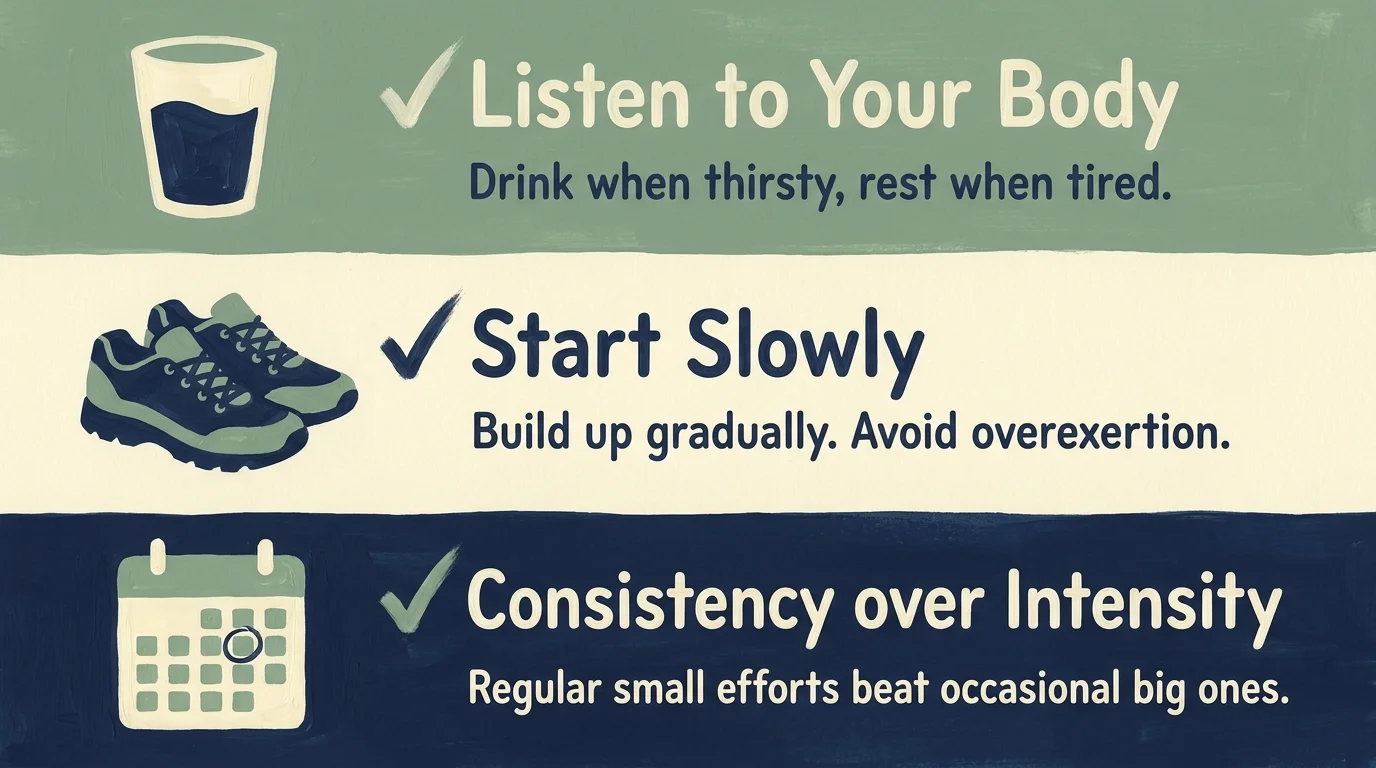 A hand-painted safety checklist with labels like 'Listen to Your Body' and 'Start Slowly' in a calm color palette.