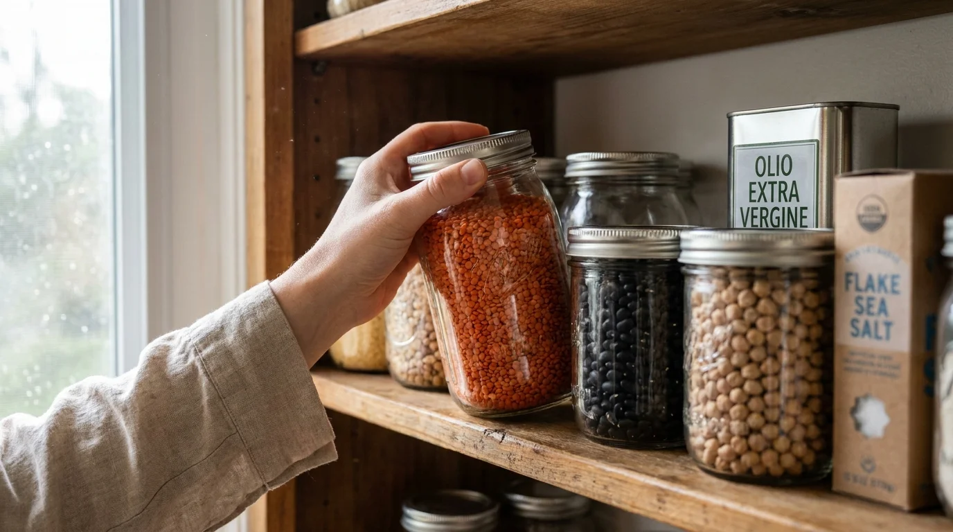 A hand reaching for a jar of red lentils in a well-stocked kitchen pantry, surrounded by various beans and legumes.