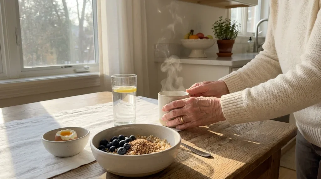 A healthy breakfast with oatmeal, blueberries, an egg, and lemon water on a sunlit wooden table with a woman reaching for a mug.
