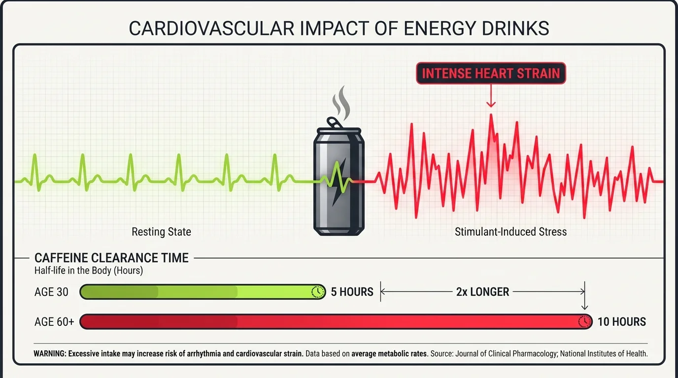 A heart rate graph showing a sharp spike after an energy drink, comparing caffeine clearance times between ages.