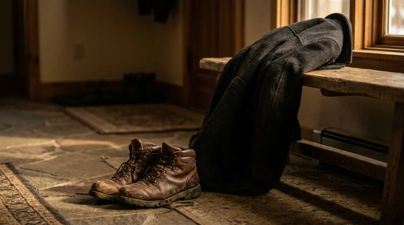 A heavy coat and worn shoes on a bench, symbolizing the weight of persistent fatigue.