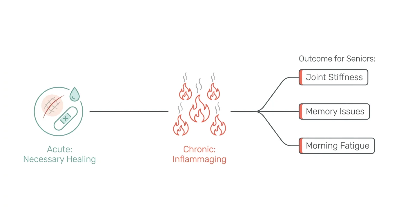 A horizontal diagram comparing acute healing inflammation with chronic inflammaging and its effects like joint stiffness and fatigue.