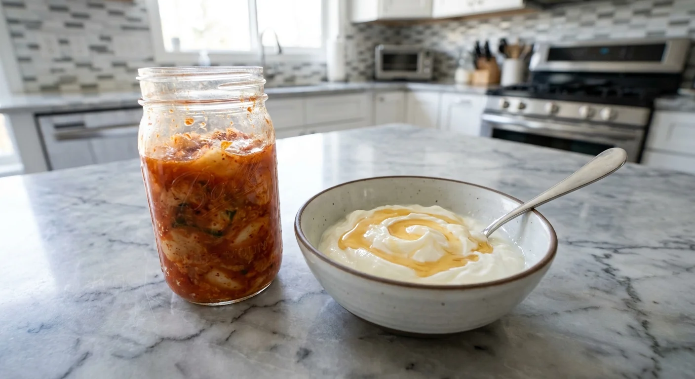 A jar of kimchi and a bowl of yogurt on a kitchen counter, highlighting probiotic-rich foods.