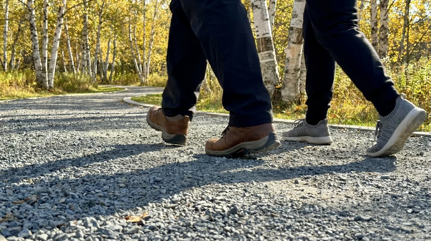 A low-angle shot of two seniors walking on a park path, focusing on their sneakers and the movement of their legs.