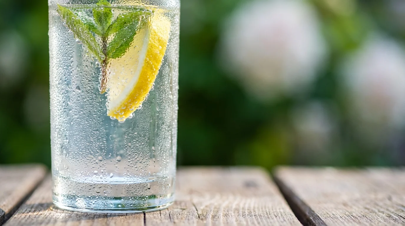 A macro photo of a refreshing glass of water with lemon and mint, featuring crisp condensation on the glass.