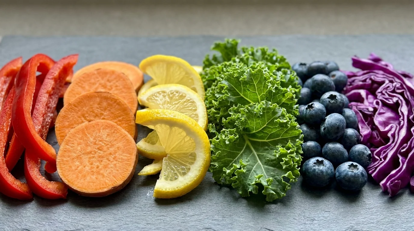 A macro photograph showing a rainbow spectrum of sliced vegetables and fruits, including peppers, kale, and blueberries.