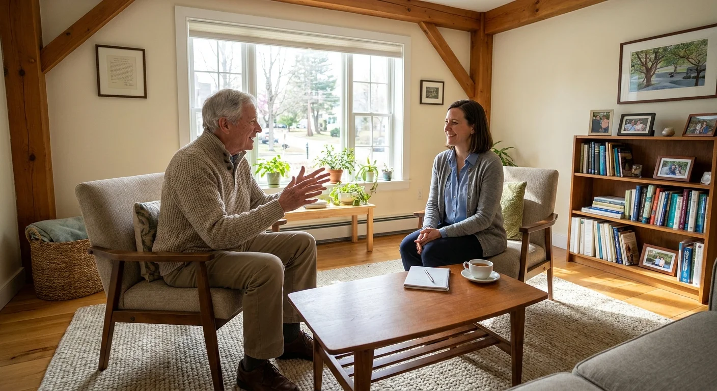 A man and his doctor having a casual, supportive conversation in a comfortable office setting.