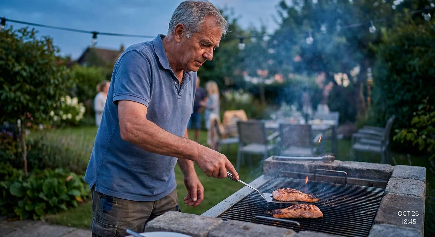 A man grilling salmon fillets on a backyard grill during a warm evening.