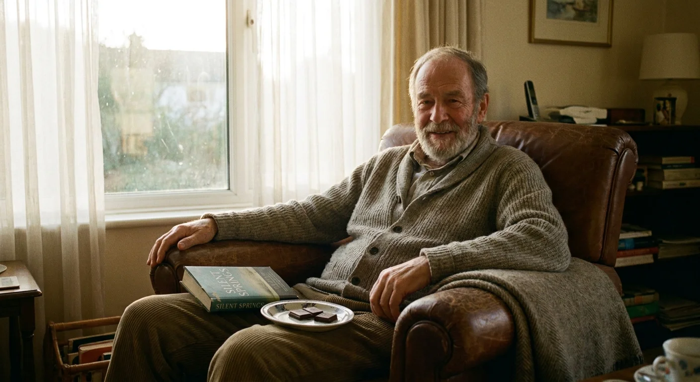 A man in a leather chair enjoying a quiet moment of peace with a book and dark chocolate.