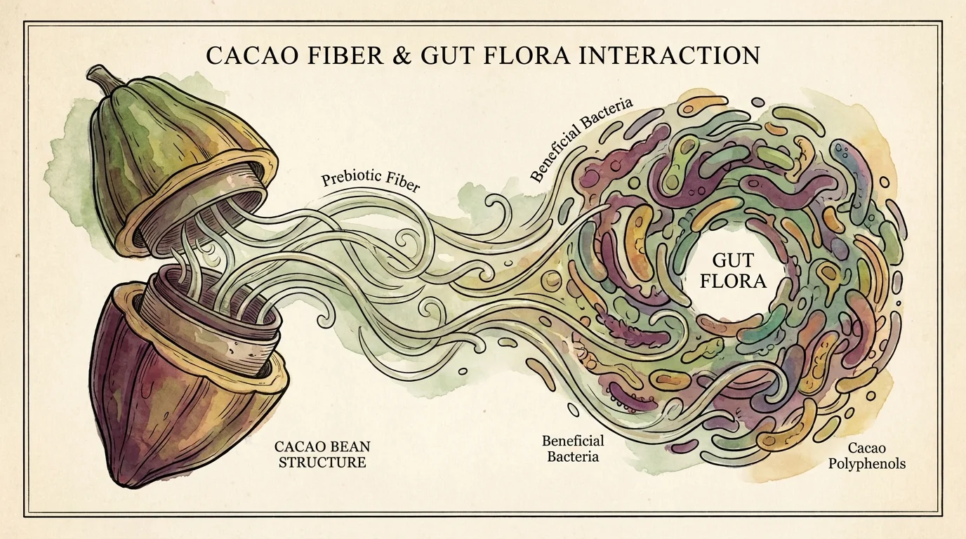 A medical-style diagram showing how cacao fiber and polyphenols support healthy gut bacteria.
