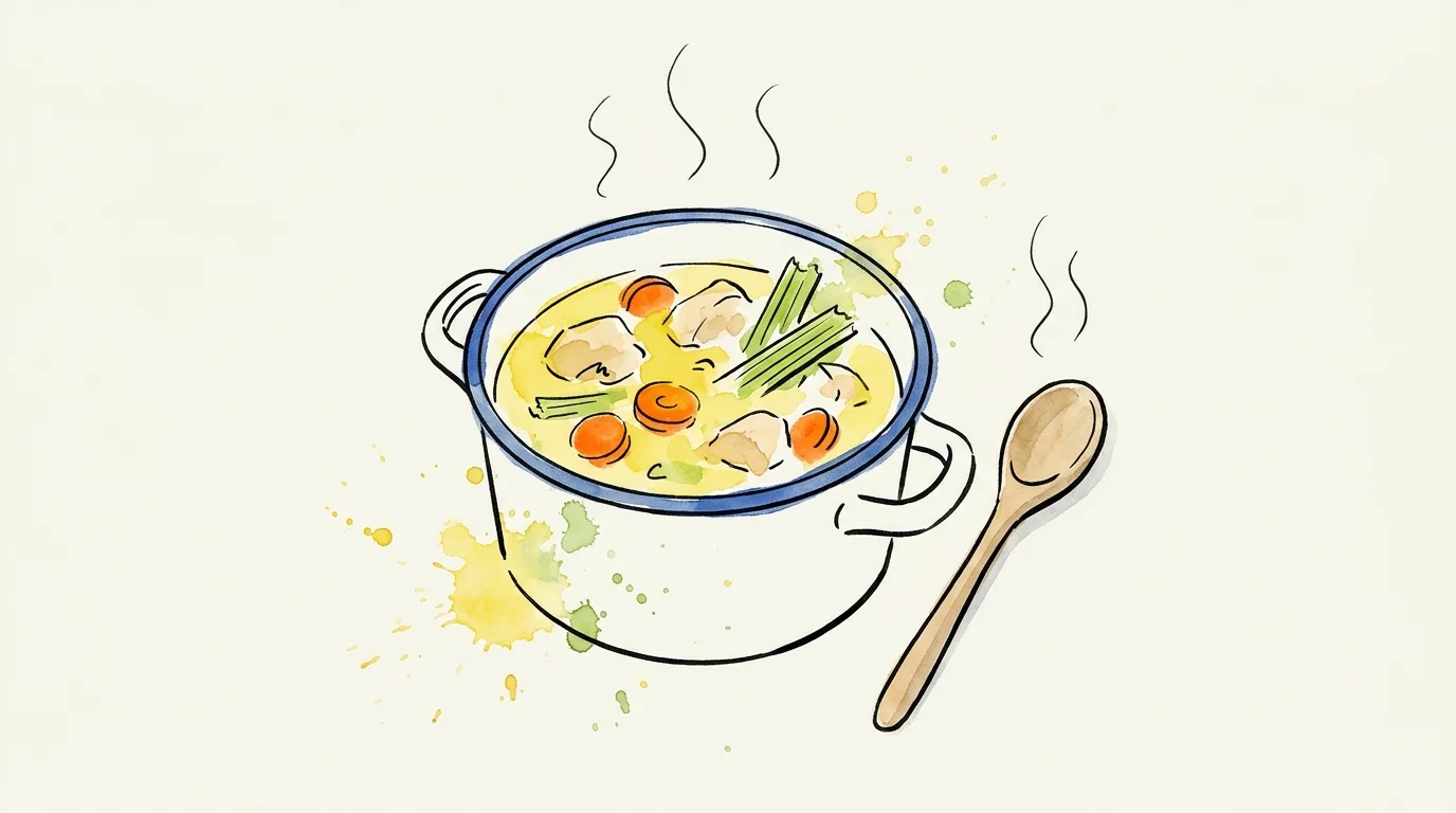 A minimalist ink and watercolor sketch of a soup pot filled with chicken, carrots, and celery in a clear broth.