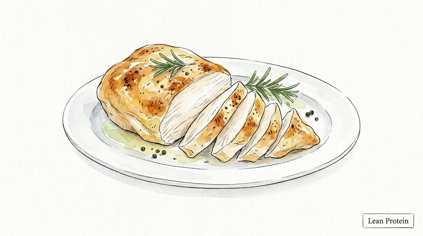 A minimalist watercolor illustration of a sliced roasted chicken breast, showing a healthy and lean protein option.