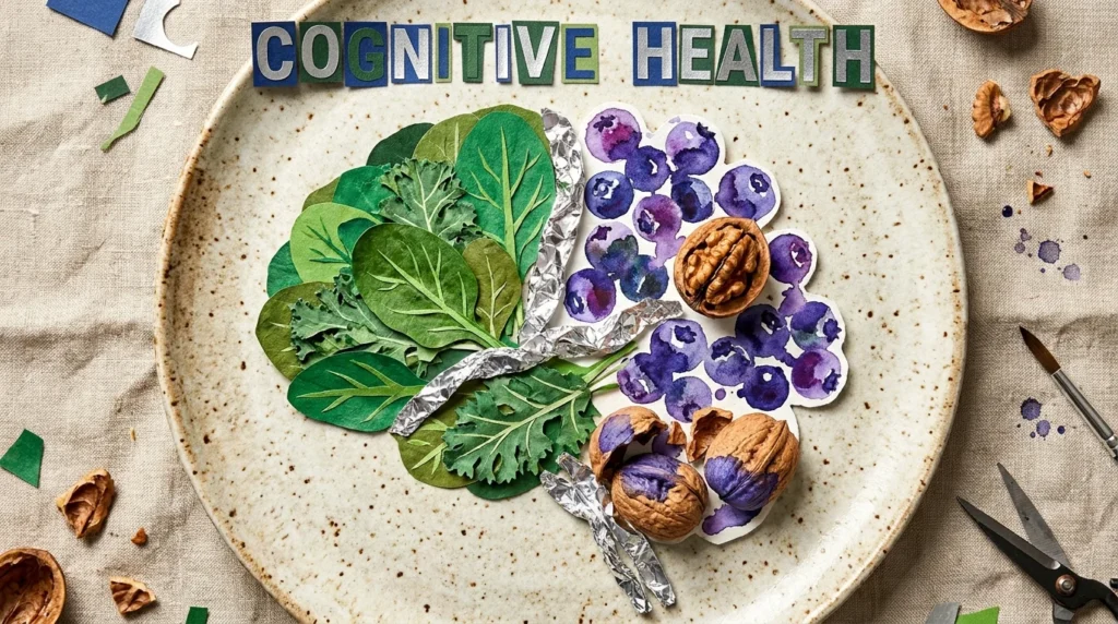 A mixed-media collage of a plate where food items like spinach, berries, and walnuts are arranged to form the shape of a human brain.