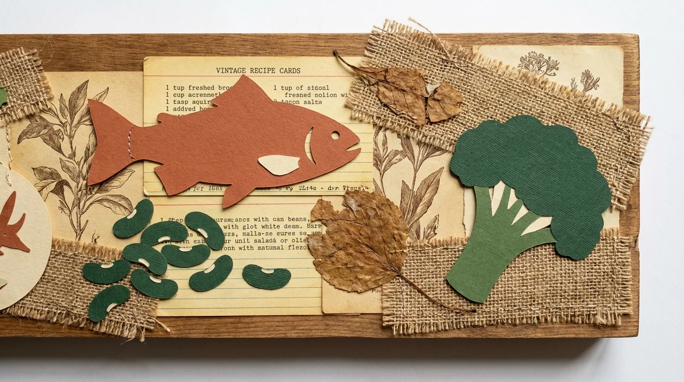 A mixed-media collage of paper-cut food shapes, recipe cards, and botanical drawings in earthy tones.