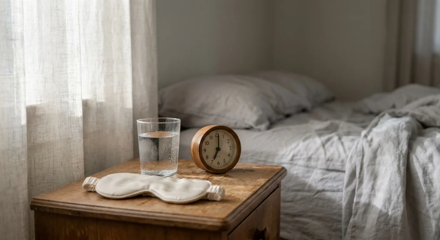 A morning scene of a glass of water and a sleep mask on a bedside table, suggesting the end of a restful night.