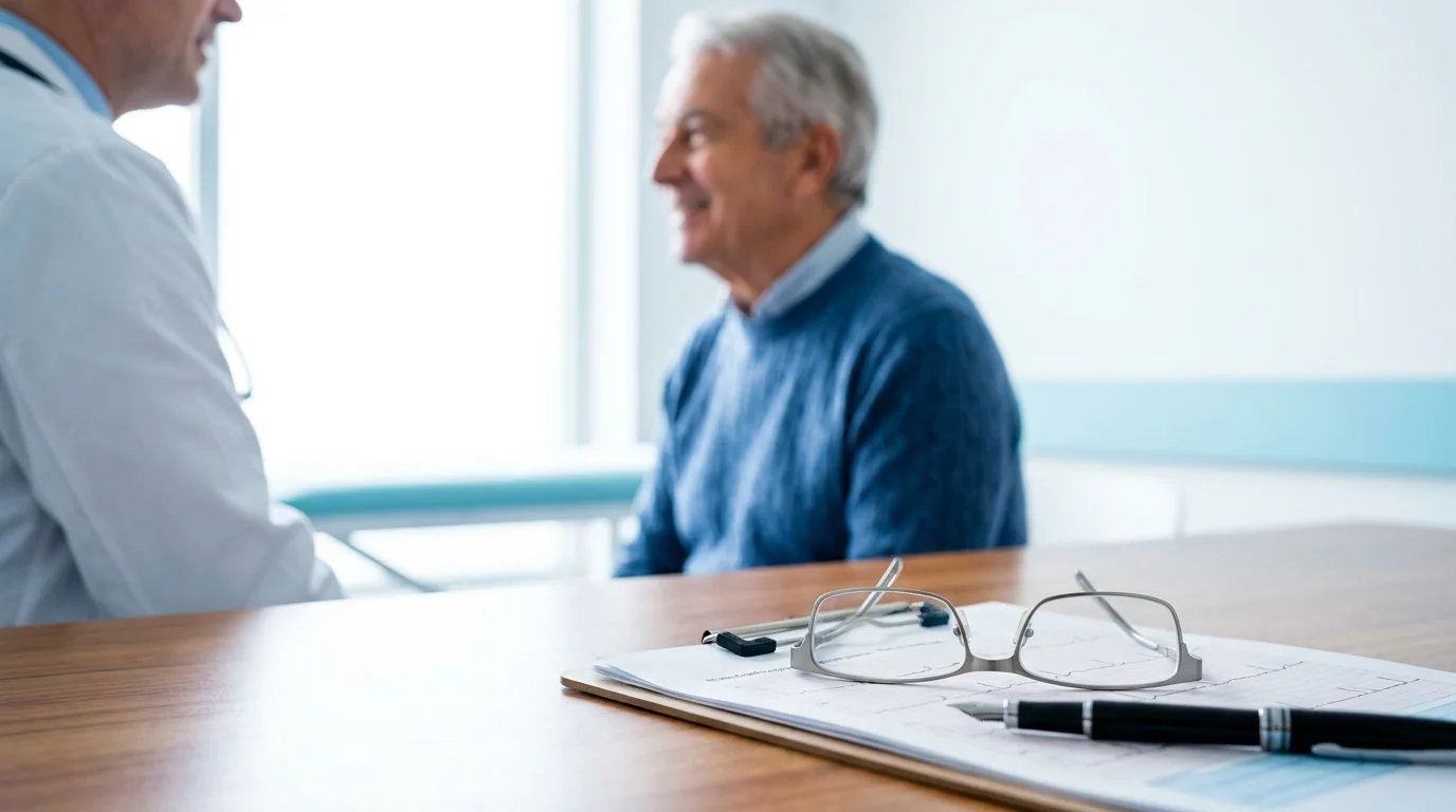 A pair of glasses and a pen on a medical chart with a doctor and patient talking in the blurred background.
