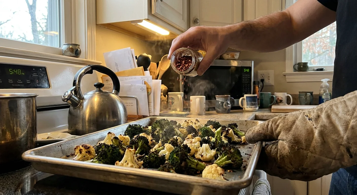 A pan of roasted broccoli and cauliflower florets being seasoned with red pepper flakes.