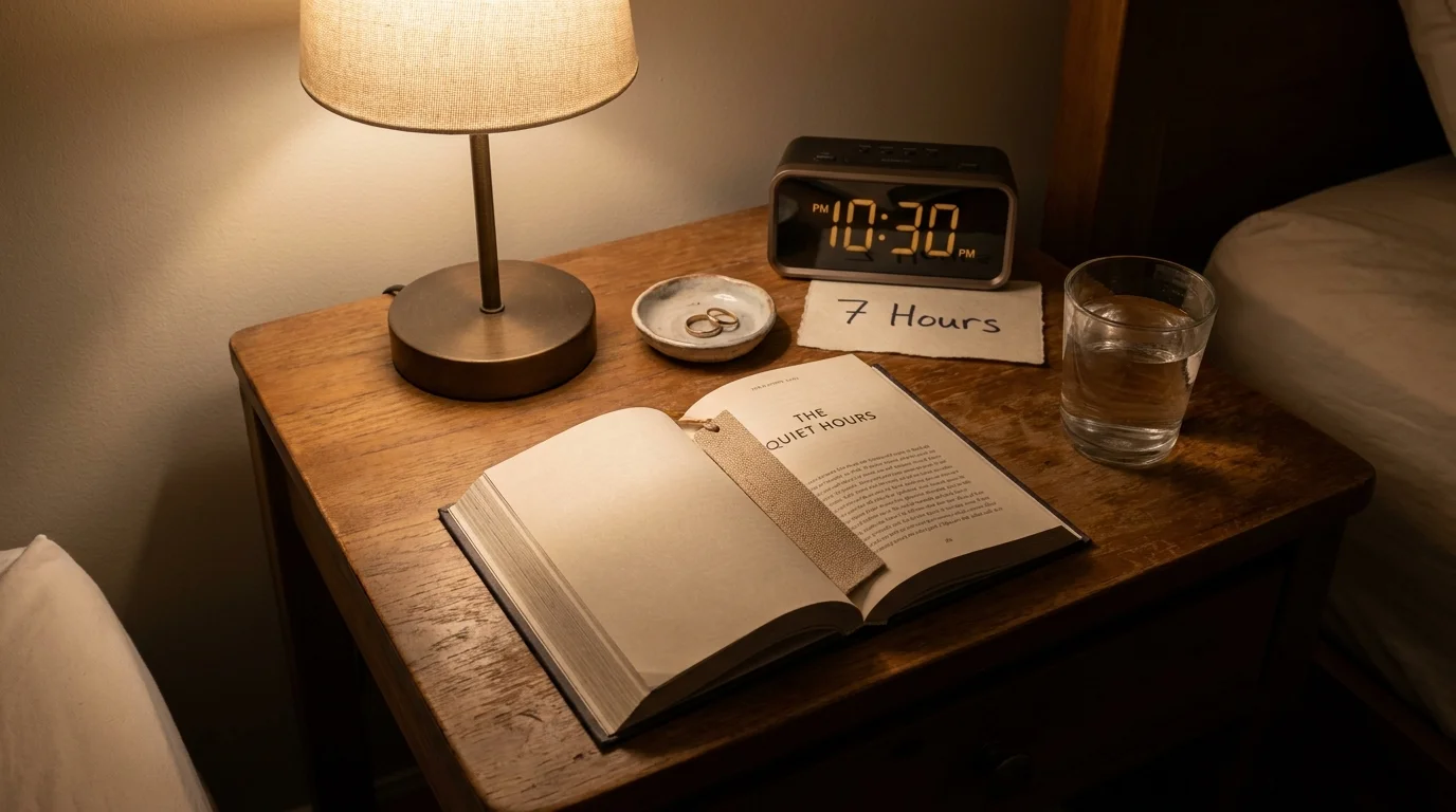 A peaceful bedside table with a book, water, and a clock set to 10:30 PM, emphasizing the importance of a 7-hour sleep window.