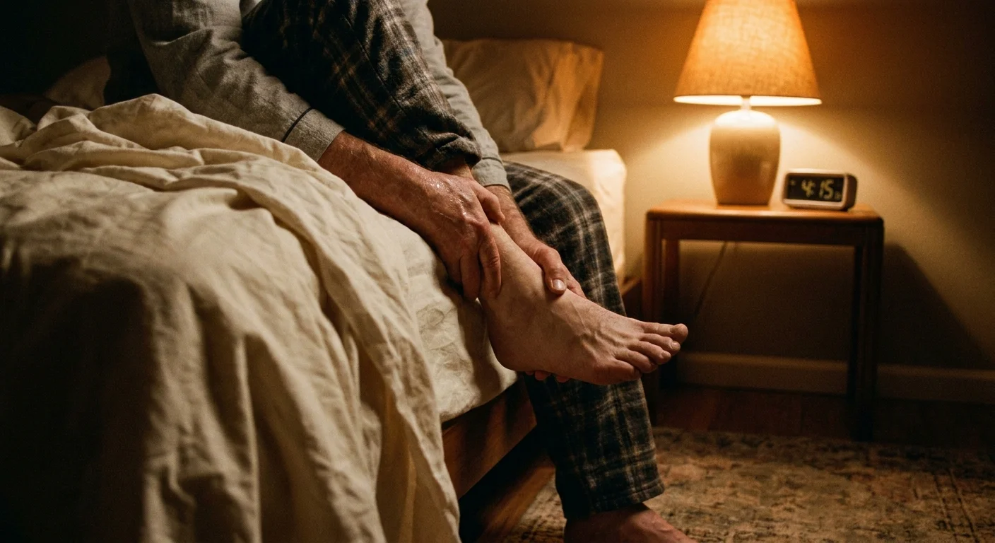 A photo of a senior man sitting on his bed at night, holding his leg during a painful muscle cramp.