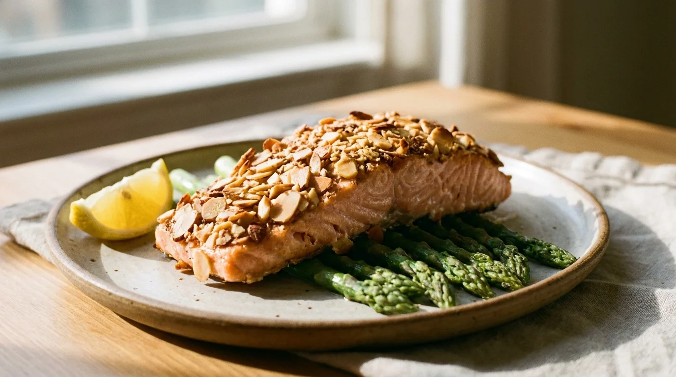 A photo of an almond-crusted salmon fillet served with asparagus and a lemon wedge.