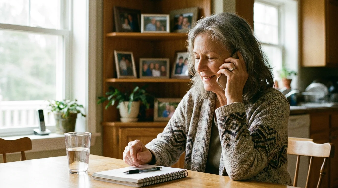 A photo of an older woman sitting at her kitchen table, proactively talking on the phone with her healthcare provider.