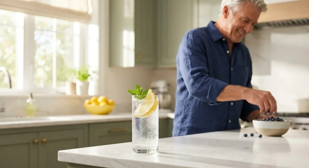 A refreshing glass of sparkling water with lemon and mint on a sunlit kitchen counter with a senior man in the background.