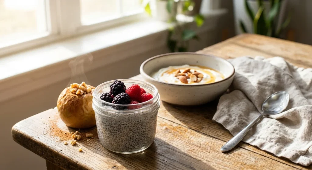 A rustic wooden table featuring healthy desserts like chia pudding with berries, a baked apple with walnuts, and Greek yogurt with almonds.