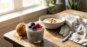 A rustic wooden table featuring healthy desserts like chia pudding with berries, a baked apple with walnuts, and Greek yogurt with almonds.