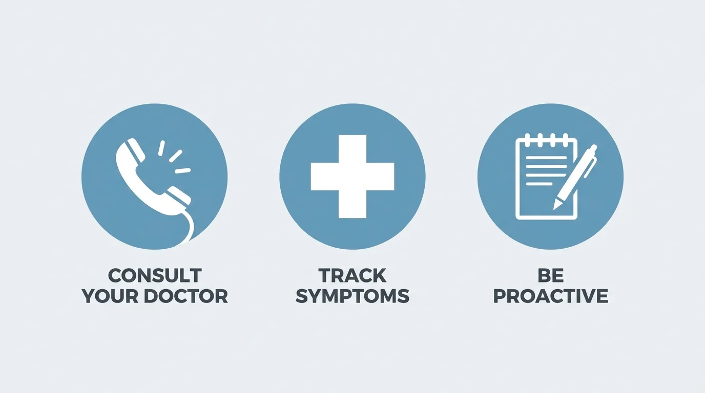 A safety infographic with icons for calling a doctor, tracking symptoms, and being proactive.