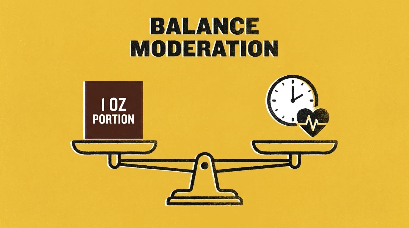 A screenprint illustration of a scale balancing a chocolate square with icons for time and heart rate.