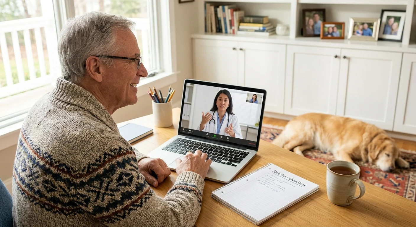 A senior man having a calm video consultation with his doctor from his home office.