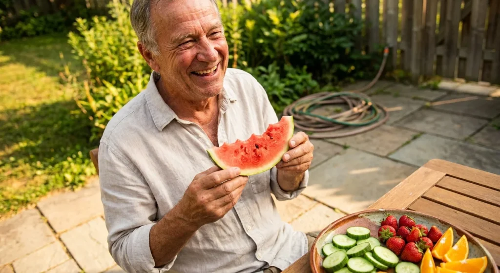 A senior man laughs on a sunny patio while enjoying a platter of hydrating summer fruits like watermelon and oranges.