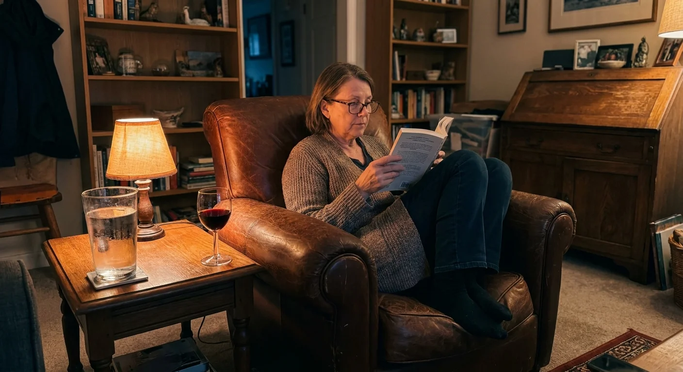 A senior woman in a comfortable living room with a small glass of wine and a large glass of water on a side table.