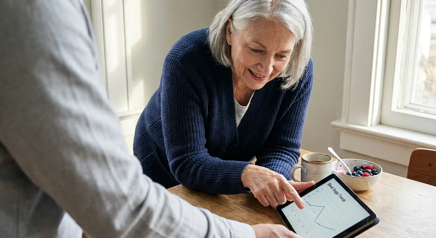 A senior woman in a navy cardigan having an engaged conversation with a health consultant over a bowl of fresh berries.
