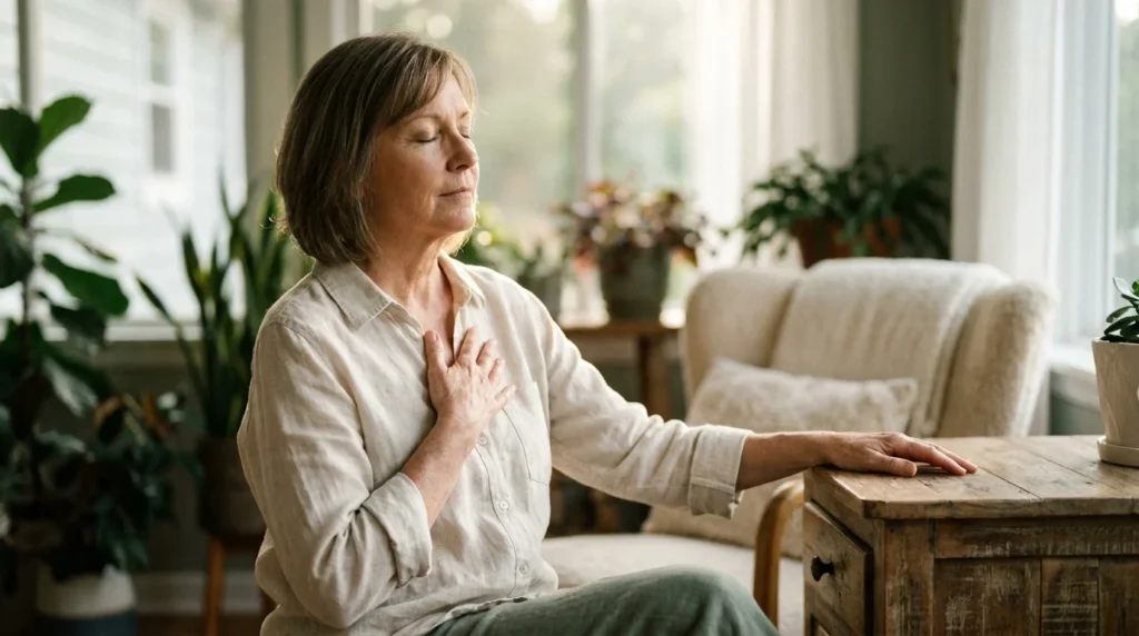 A senior woman in a sunlit room resting her hand on her chest in a moment of mindful body awareness.