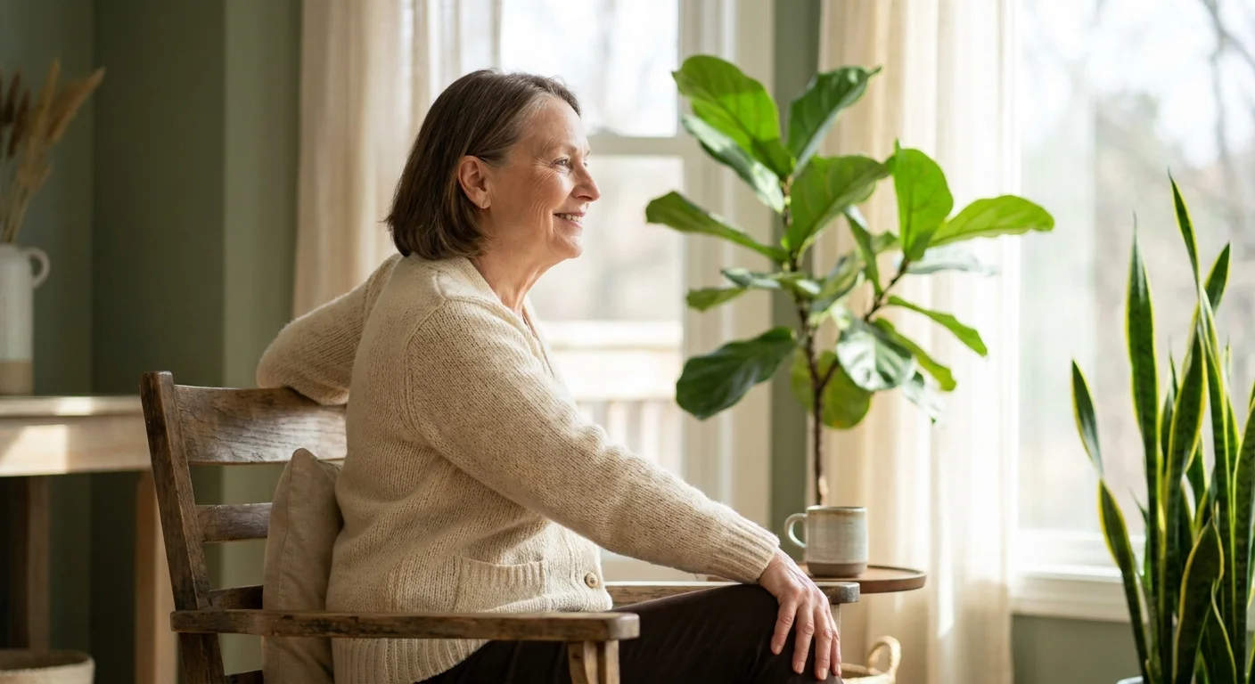 A senior woman practicing a seated yoga stretch in a bright, sunlit room, focusing on balance and flexibility.